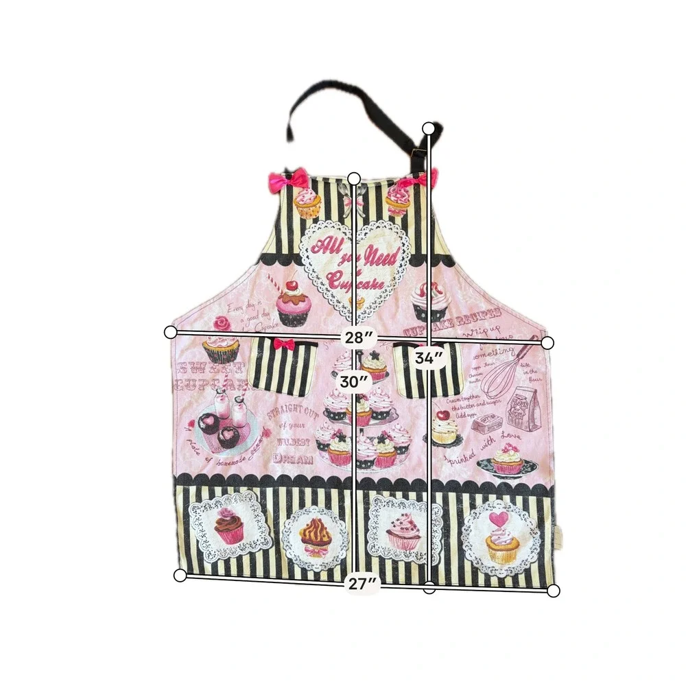 Kitchen Chic All You Need Is Cupcake Pink Black Stripe Bow Bib Apron Pockets